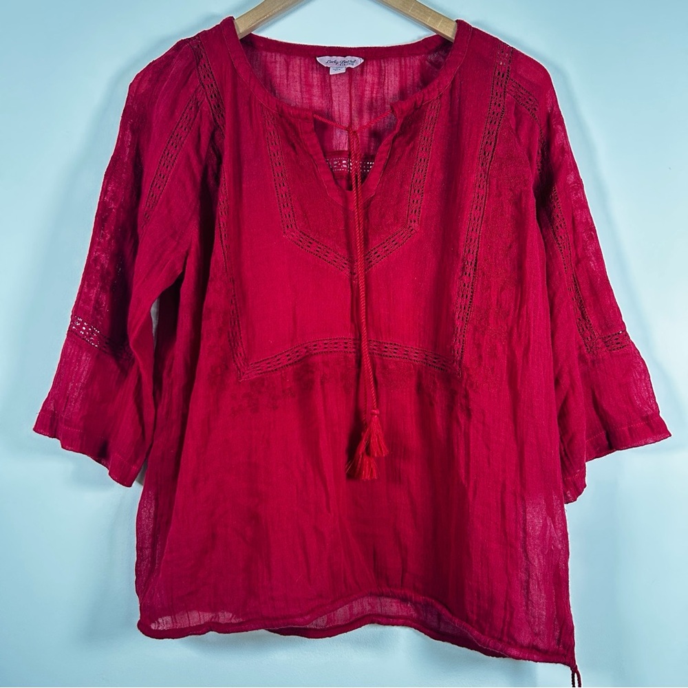 Lucky Brand Boho Ren Faire Cotton Top With Embroidery and Tasseled Drawstrings